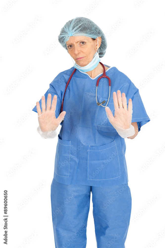 Beautiful doctor doing different expressions in different sets of clothes: stop sign Beautiful doctor doing different expressions in different sets of clothes: stop sign