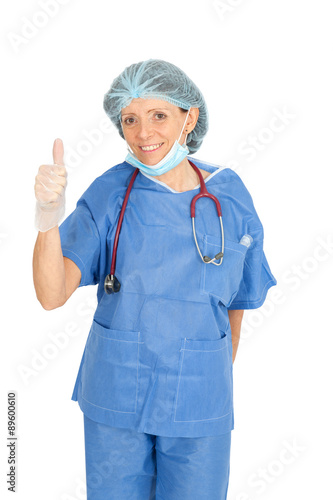 Beautiful doctor doing different expressions in different sets of clothes: thumbs up