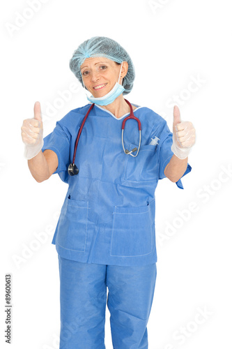 Beautiful doctor doing different expressions in different sets of clothes: thumbs up