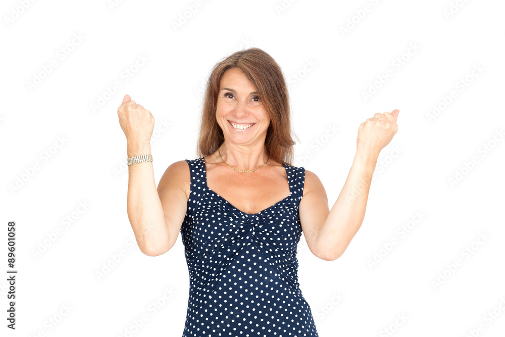 Beautiful woman doing different expressions in different sets of clothes: arms raised Beautiful woman doing different expressions in different sets of clothes: arms raised