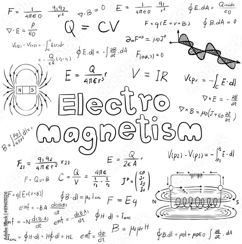 Electromanetism electric magnetic law theory and physics mathematical formula equation, doodle handwriting icon in white isolated background paper with hand drawn model, create by vector 