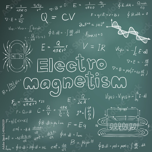 Electromanetism electric magnetic law theory and physics mathematical formula equation, doodle handwriting icon in blackboard background with handdrawn model, create by vector 