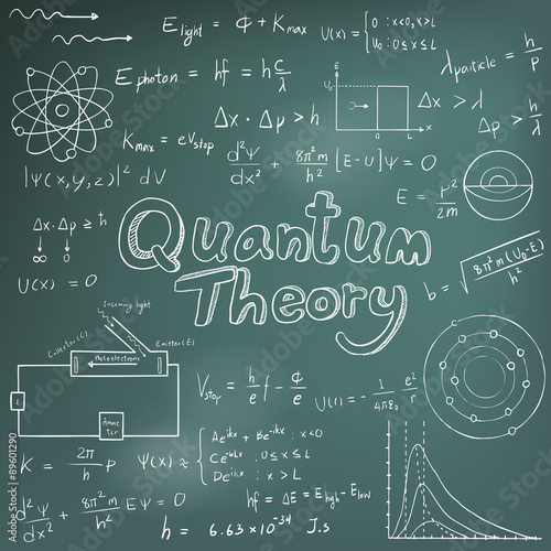 Quantum theory law and physics mathematical formula equation, doodle handwriting icon in blackboard background with hand drawn model, create by vector 