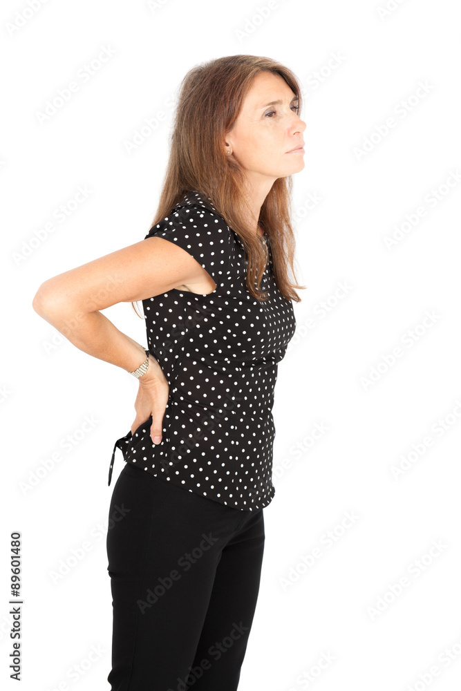 Beautiful woman doing different expressions in different sets of clothes: backache Beautiful woman doing different expressions in different sets of clothes: backache
