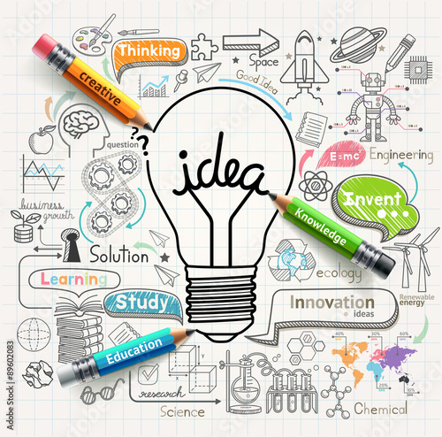 Lightbulb ideas concept doodles icons set. Vector illustration.