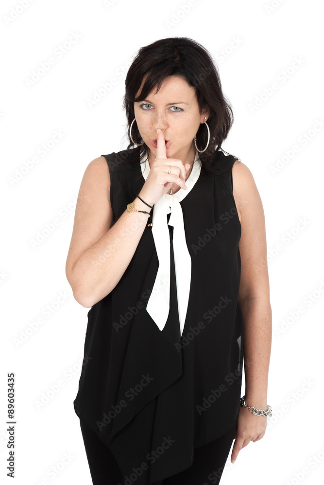 Beautiful woman doing different expressions in different sets of clothes: be quiet Beautiful woman doing different expressions in different sets of clothes: be quiet