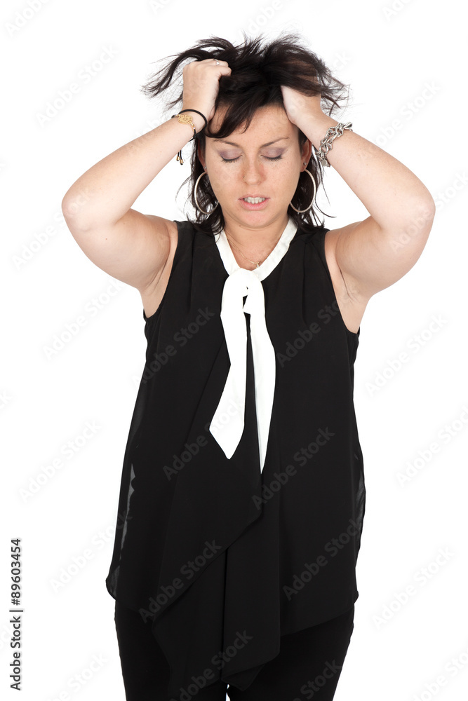 Beautiful woman doing different expressions in different sets of clothes: headache Beautiful woman doing different expressions in different sets of clothes: headache