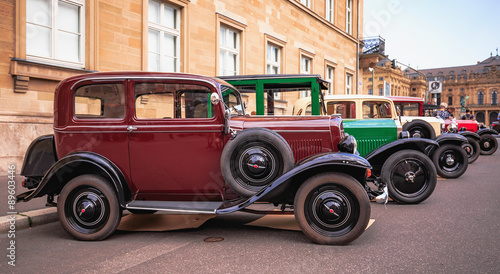 Wuerzburg City in Franconia, Germany. Opel Oldtimer vintage car