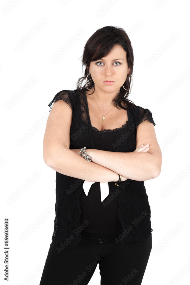 Beautiful woman doing different expressions in different sets of clothes: arms crossed Beautiful woman doing different expressions in different sets of clothes: arms crossed