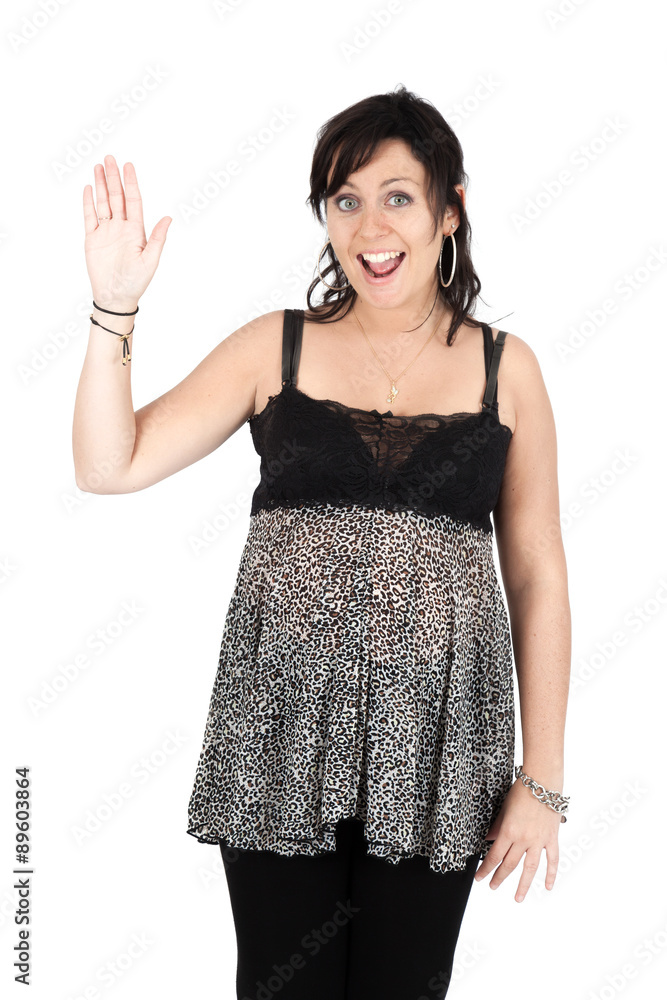 Beautiful woman doing different expressions in different sets of clothes: waving Beautiful woman doing different expressions in different sets of clothes: waving
