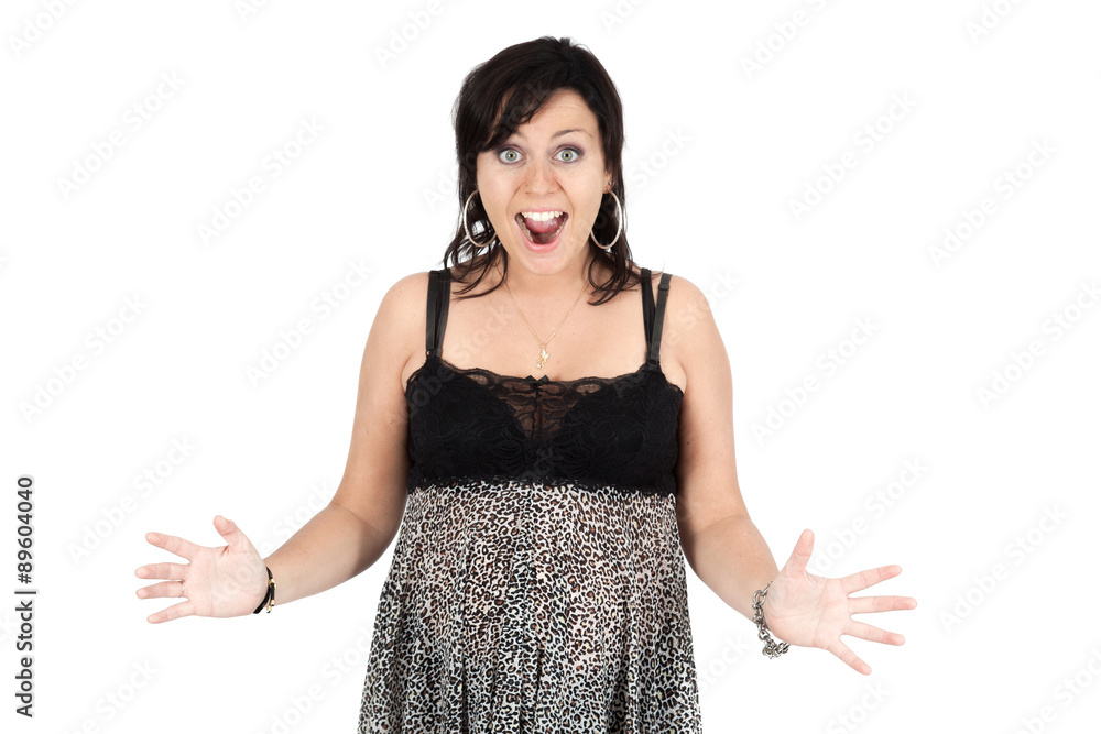 Beautiful woman doing different expressions in different sets of clothes: surprise Beautiful woman doing different expressions in different sets of clothes: surprise