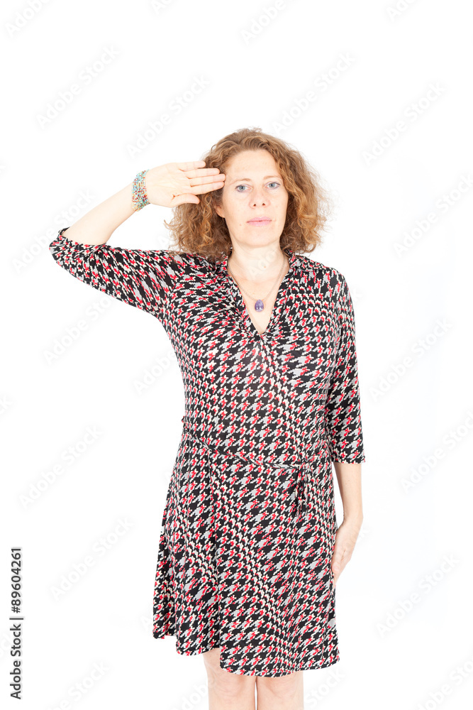 Beautiful woman doing different expressions in different sets of clothes: at attention Beautiful woman doing different expressions in different sets of clothes: at attention