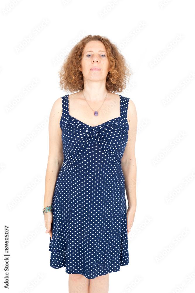Beautiful woman doing different expressions in different sets of clothes: at attention Beautiful woman doing different expressions in different sets of clothes: at attention