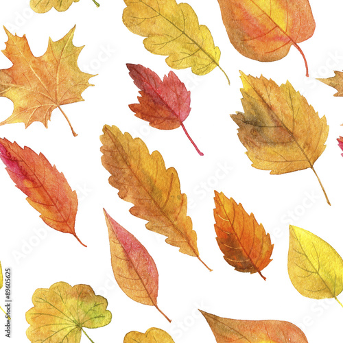 seamless pattern with autumn leaves in watercolor
