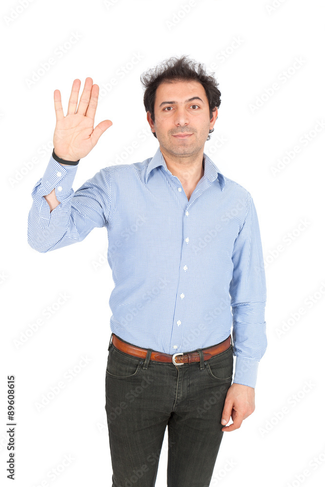 Handsome arabic man doing different expressions in different sets of clothes: waving Handsome arabic man doing different expressions in different sets of clothes: waving