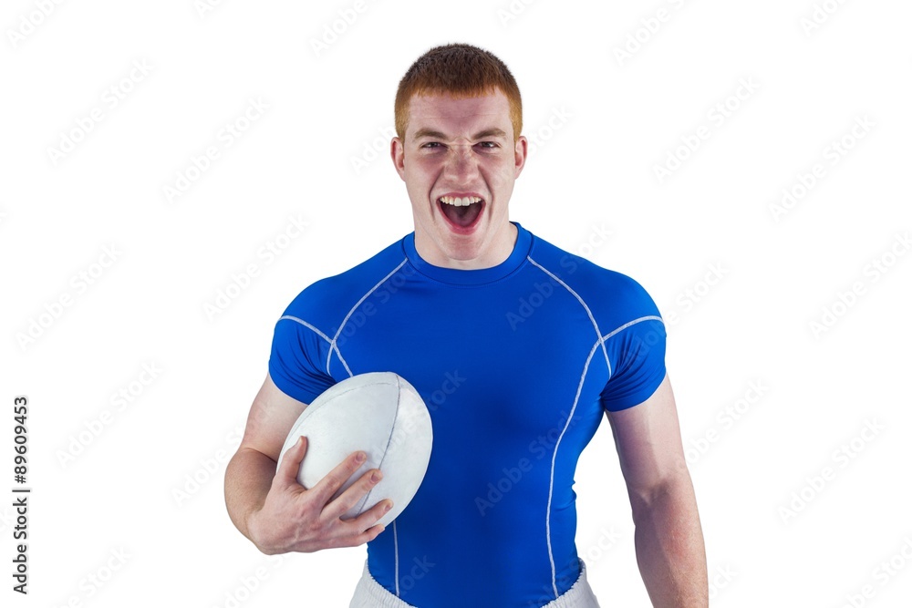 Yelling out rugby player holding rugby ball