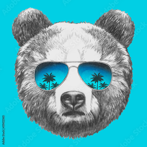 Portrait of Bear with mirror sunglasses. Vector