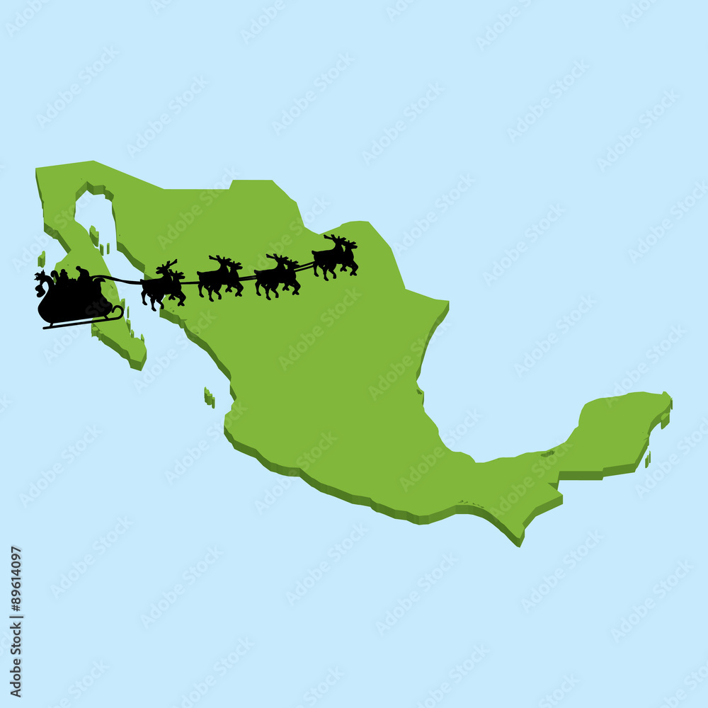 3D map on blue water with Santa background of  Mexico