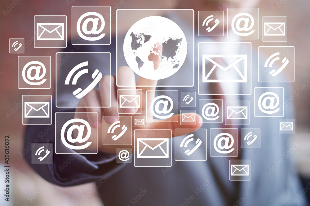 Fototapeta premium Businessman push button map web network mail
