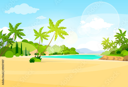 Tropical Beach Island Palm Tree Ocean Summer Vacation Flat
