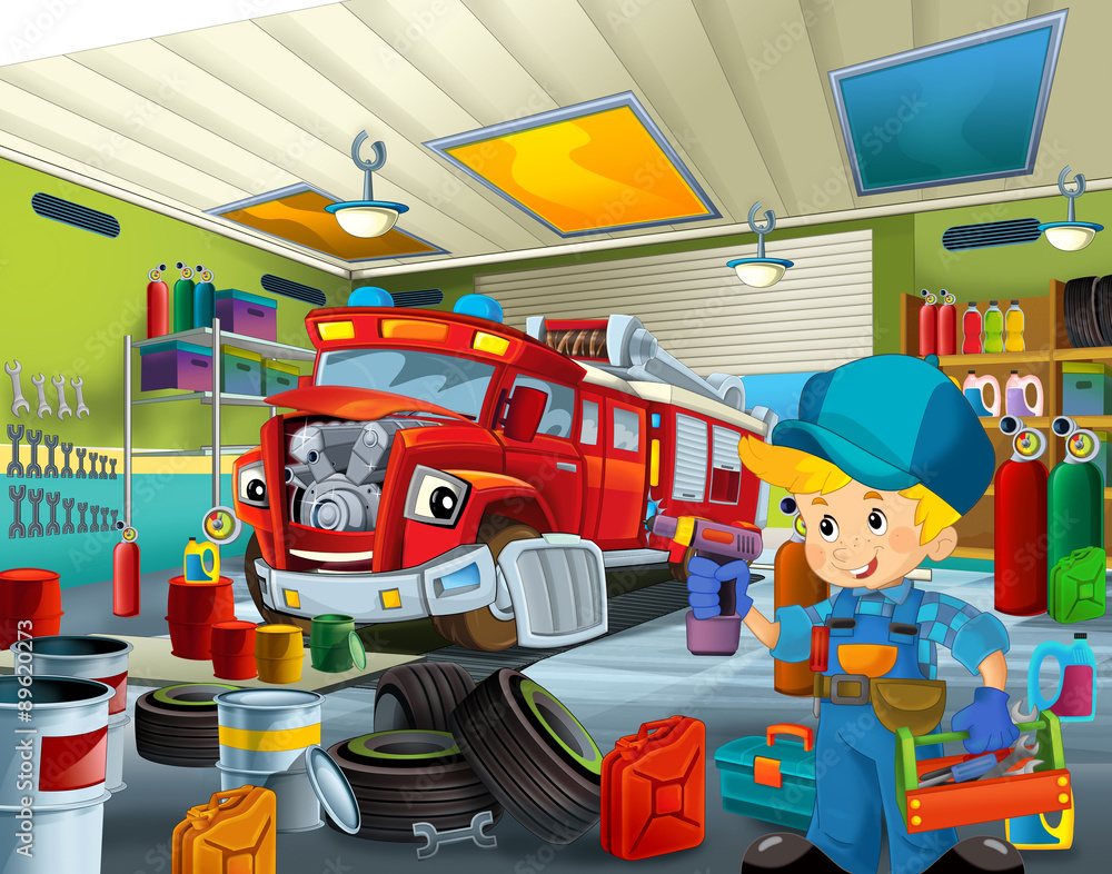 Fototapeta premium Cartoon mechanic workshop - illustration