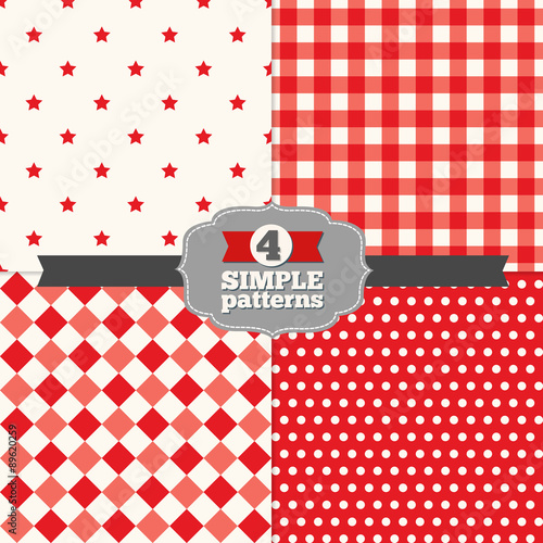 Set of Seamless Patterns - Polka Dot, Gingham, Stars and Harlequin
