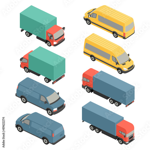 Flat 3d isometric city transport icons. Car van and truck