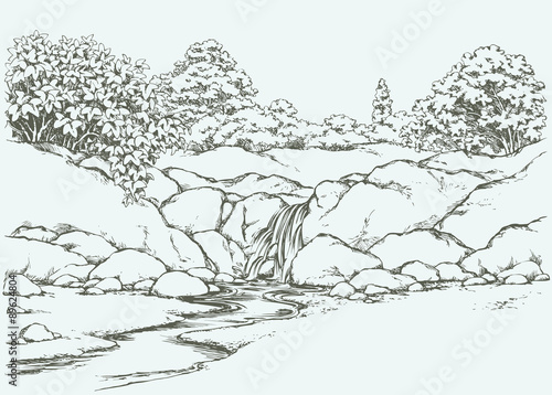 Mountain stream. Vector drawing
