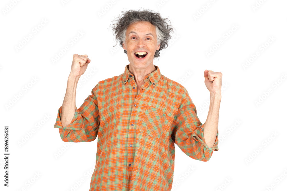 Obraz premium Handsome man doing different expressions in different sets of clothes: arms raised