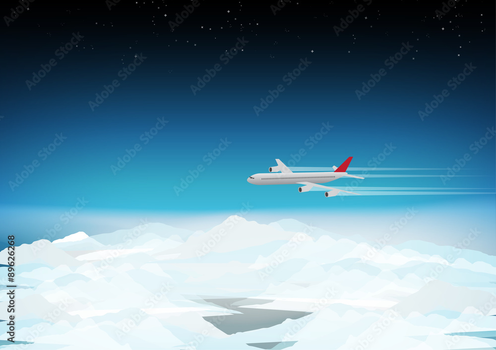 Passenger Plane Above the Clouds - Vector Illustration Passenger Plane Above the Clouds - Vector Illustration
