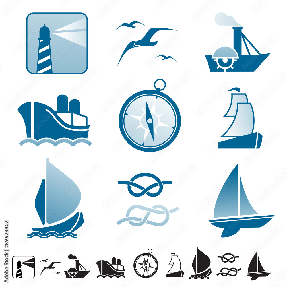 Fototapeta premium Set of icons with boats silhouettes