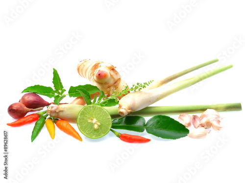 Fresh herbs and spices isolated on white background