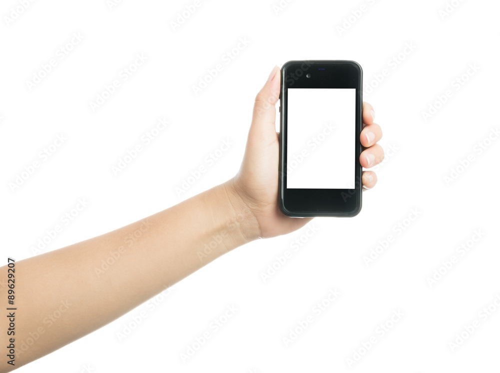 Woman hand holding black smart phone with blank screen Woman hand holding black smart phone with blank screen