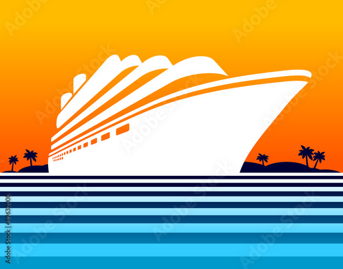 Cruise ship at sunset. Vector illustration.