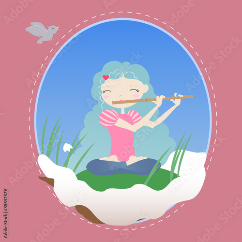 Girl in the snow with a flute and snowdrops. Vector illustration can be used to clip the weather, season, child.