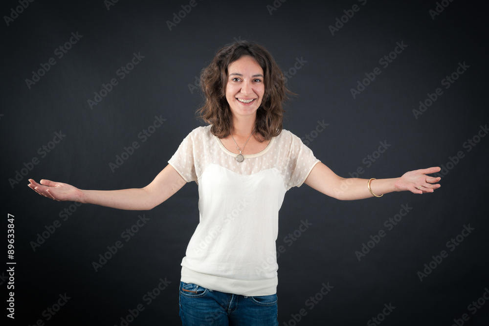 Beautiful woman doing different expressions in different sets of clothes: welcome Beautiful woman doing different expressions in different sets of clothes: welcome