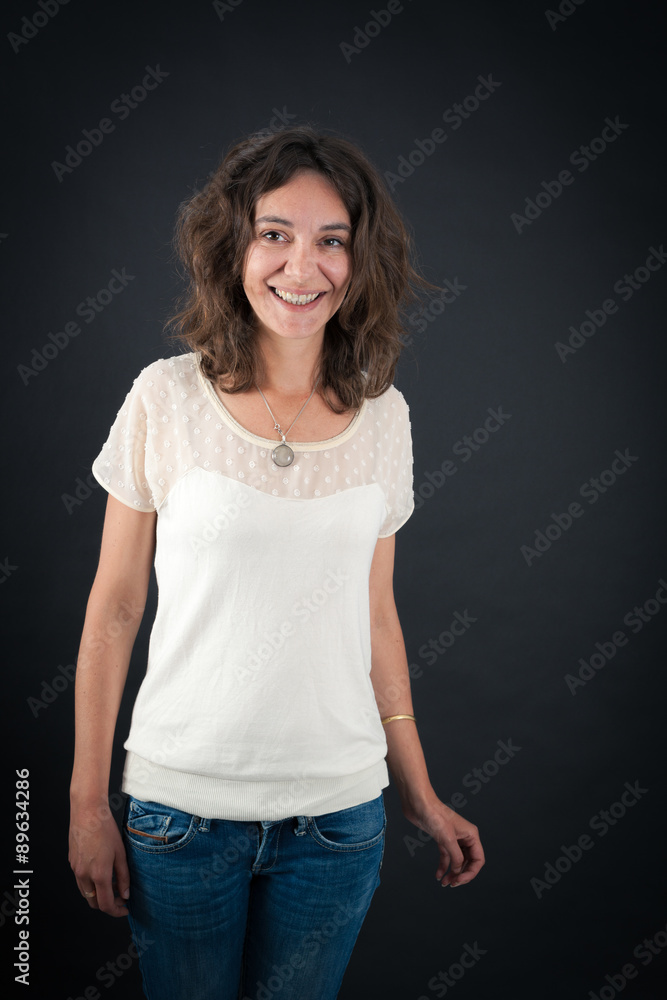 Beautiful woman doing different expressions in different sets of clothes: smile
