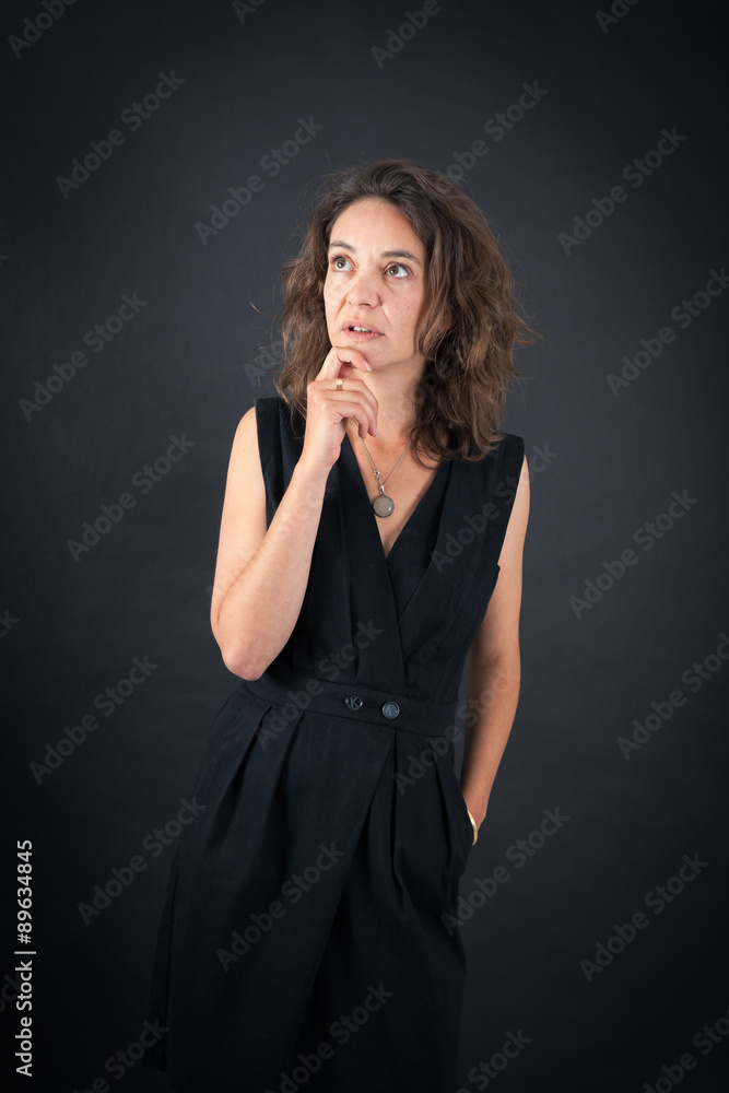 Beautiful woman doing different expressions in different sets of clothes: thinking Beautiful woman doing different expressions in different sets of clothes: thinking