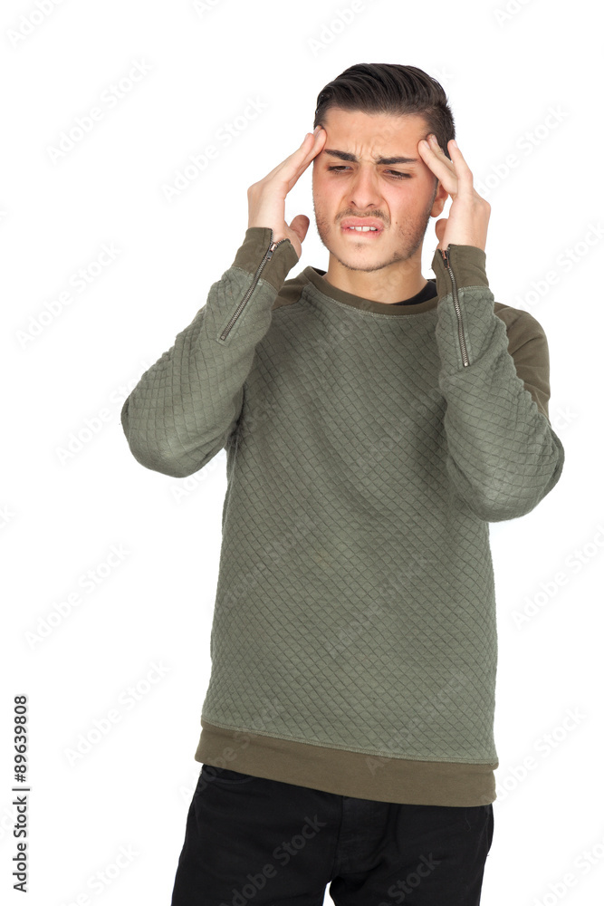 Fototapeta premium Handsome man doing different expressions in different sets of clothes: headache