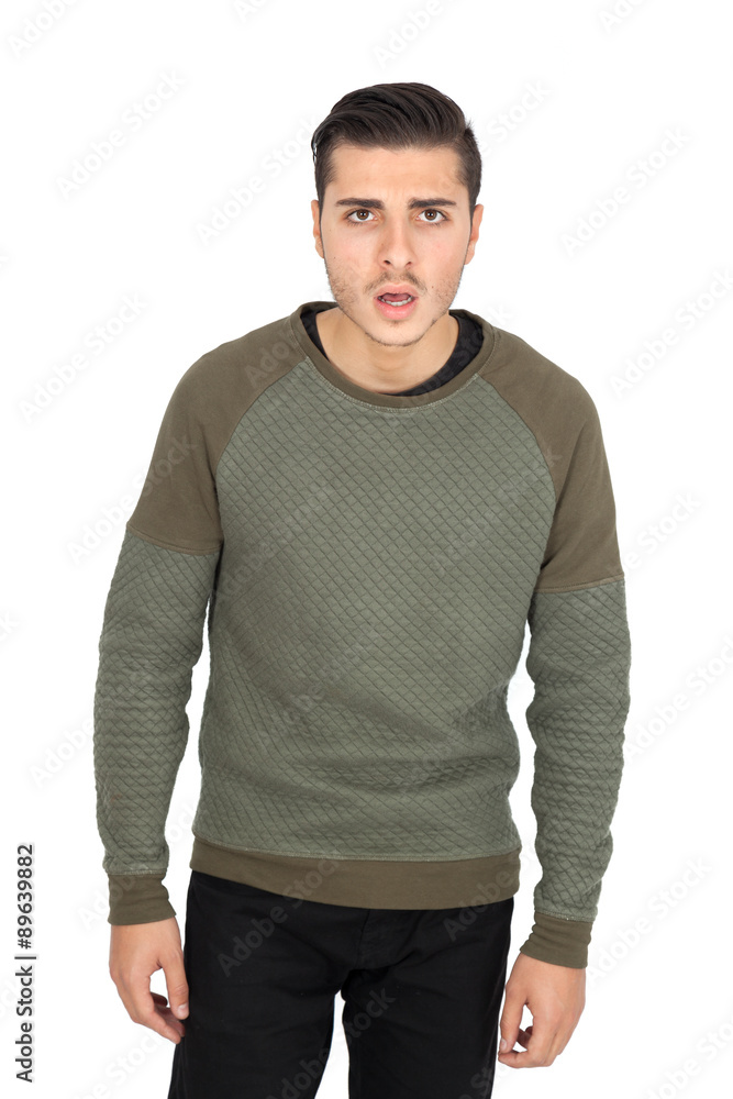 Obraz premium Handsome man doing different expressions in different sets of clothes: surprise