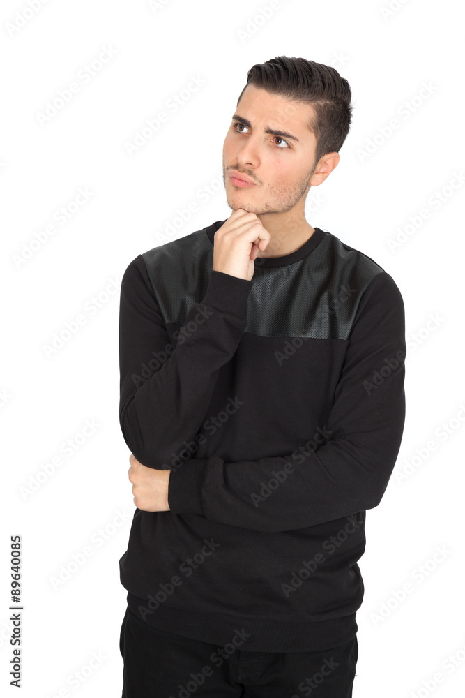 Handsome man doing different expressions in different sets of clothes: thinking Handsome man doing different expressions in different sets of clothes: thinking
