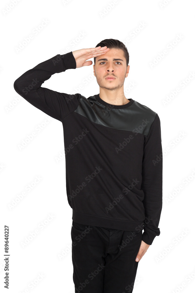 Handsome man doing different expressions in different sets of clothes: at attention Handsome man doing different expressions in different sets of clothes: at attention