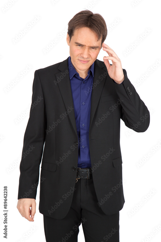 handsome man doing different expressions in different sets of clothes: headache handsome man doing different expressions in different sets of clothes: headache
