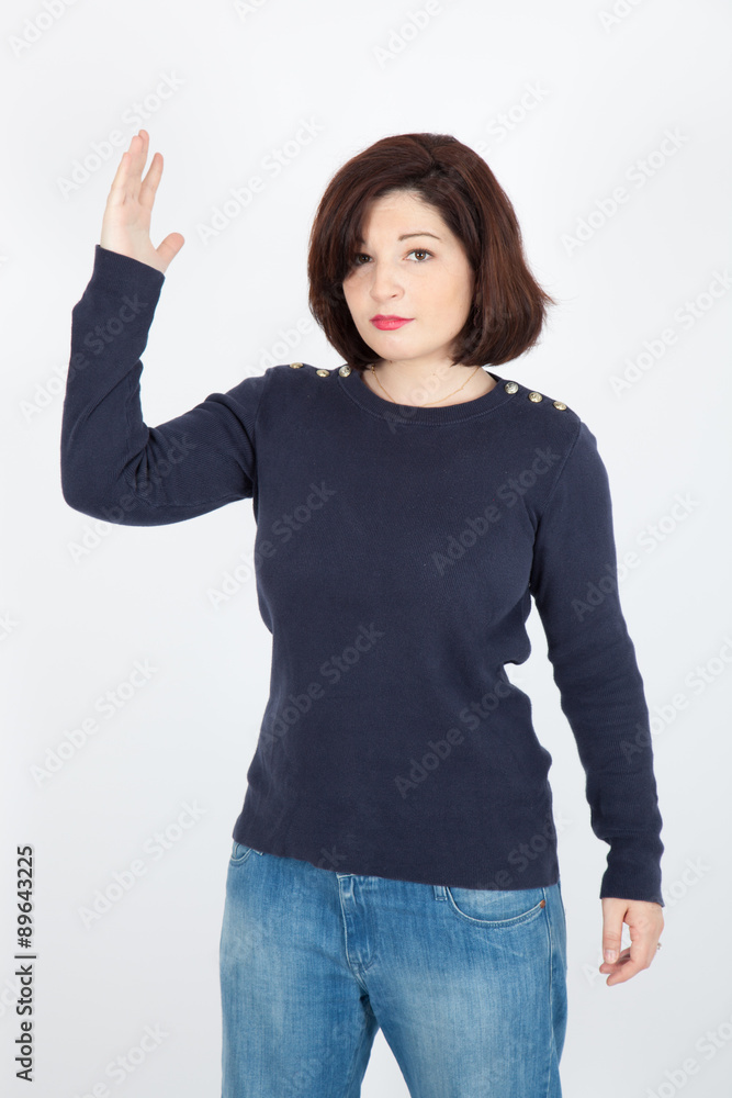 Beautiful woman doing different expressions in different sets of clothes: be careful Beautiful woman doing different expressions in different sets of clothes: be careful
