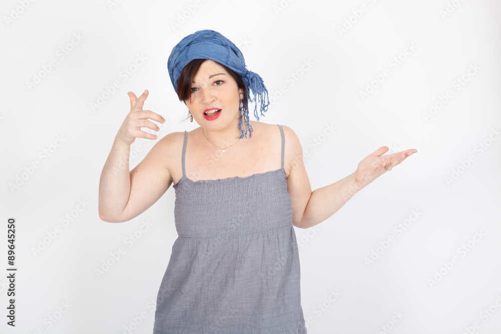 Beautiful woman doing different expressions in different sets of clothes: you are crazy Beautiful woman doing different expressions in different sets of clothes: you are crazy