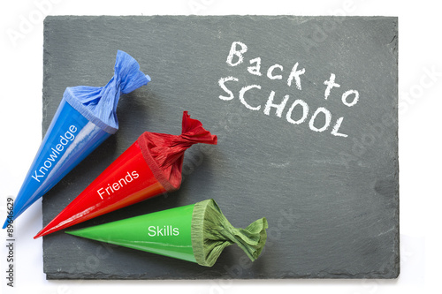 school cones on a  chartboard with message good luck photo