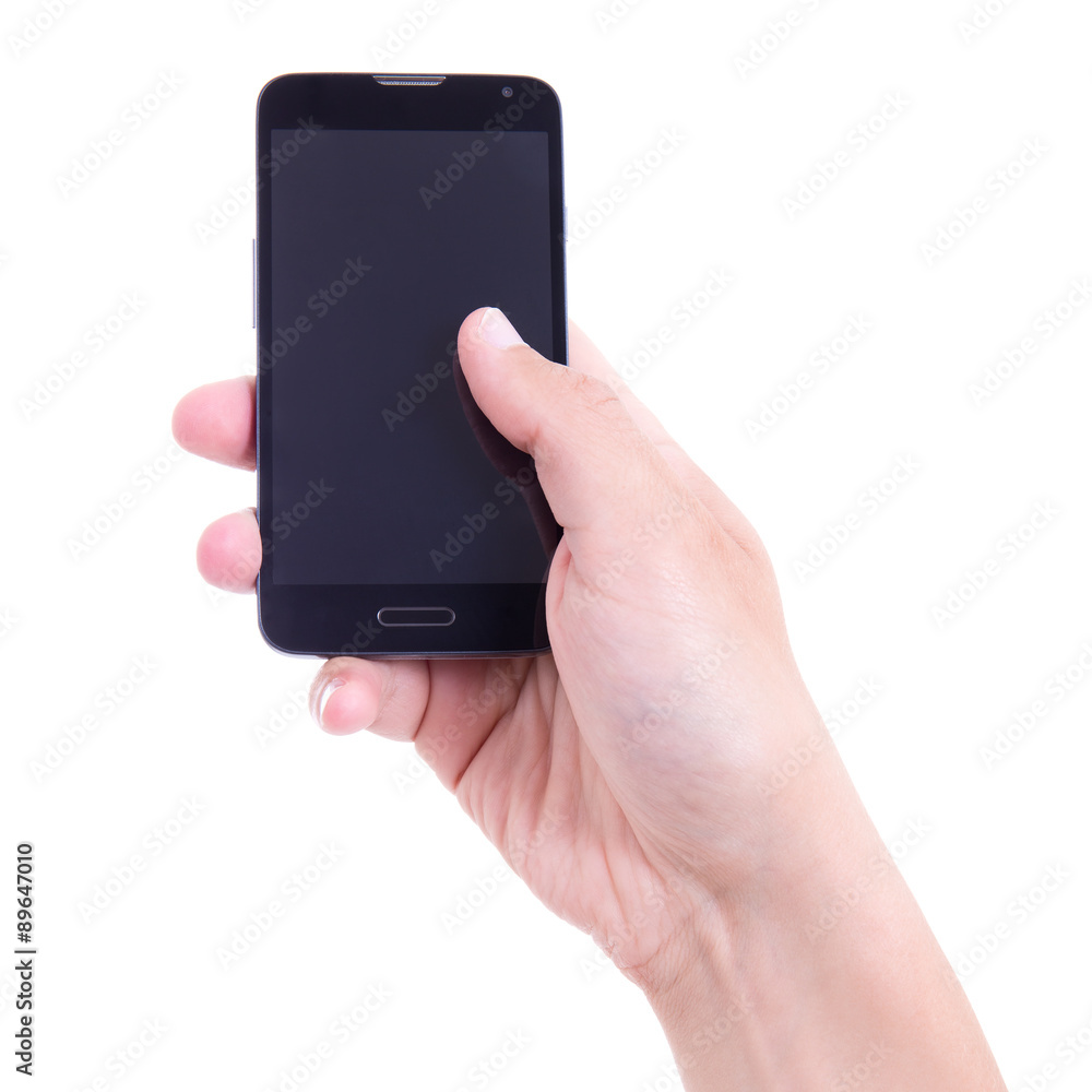 smart phone with blank screen in hand isolated on white smart phone with blank screen in hand isolated on white