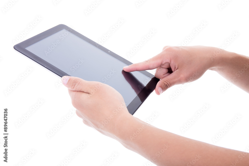 male hands using tablet pc with blank screen isolated on white male hands using tablet pc with blank screen isolated on white