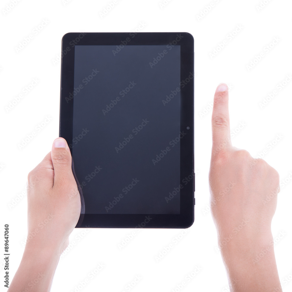 hands using tablet computer with blank screen isolated on white hands using tablet computer with blank screen isolated on white
