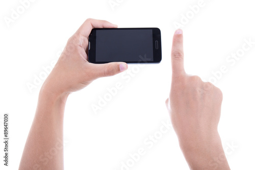 hands using mobile smart phone with blank screen isolated on whi